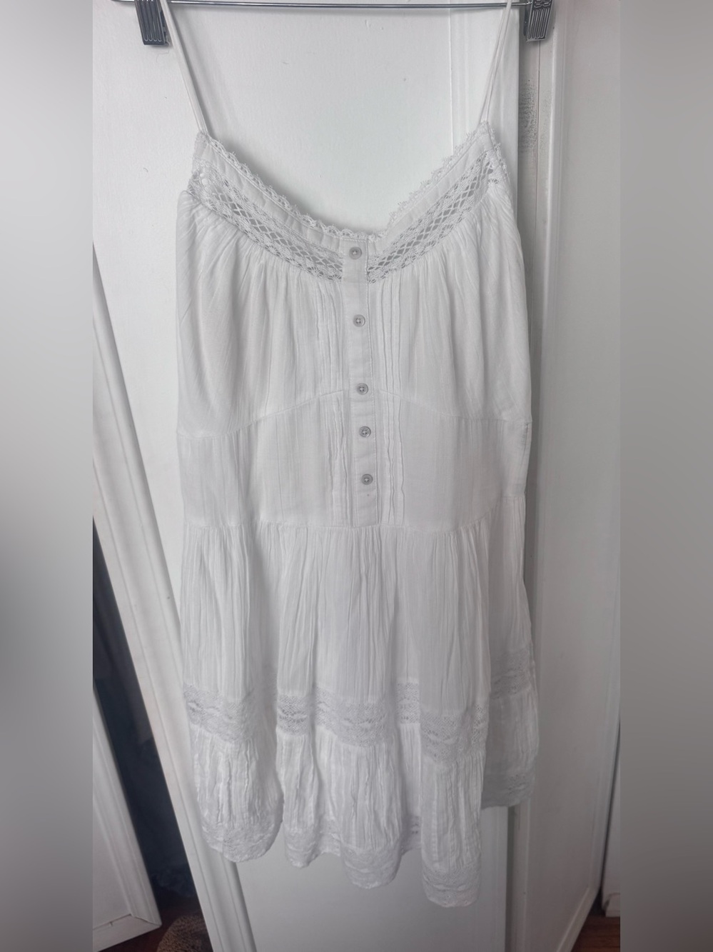 aerie White Tiered Lace-Trim Mini Dress